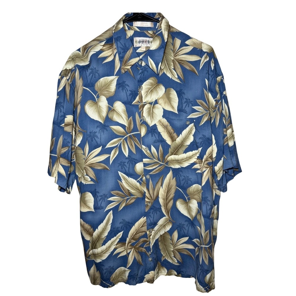 Campia Moda Tropical Short Sleeve Button Up Shirt Mens Large Blue Leaf Print